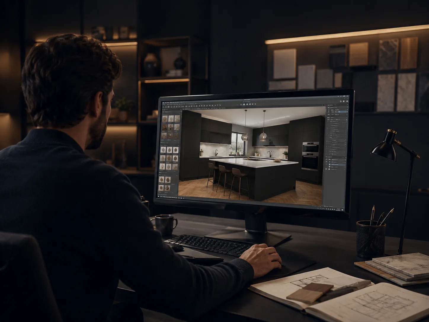 Kitchen designer creating a fitted kitchen design on a computer